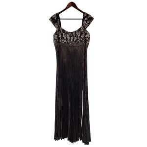 THEIA Brown Floral Lace Metallic Pleated Gown Sz 10 | Side Slit Evening Wedding